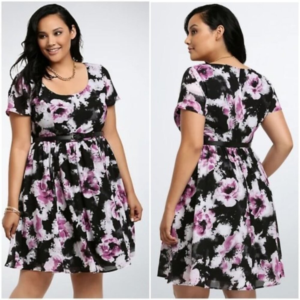 Torrid Black Pink Floral Chiffon Belt Dres…